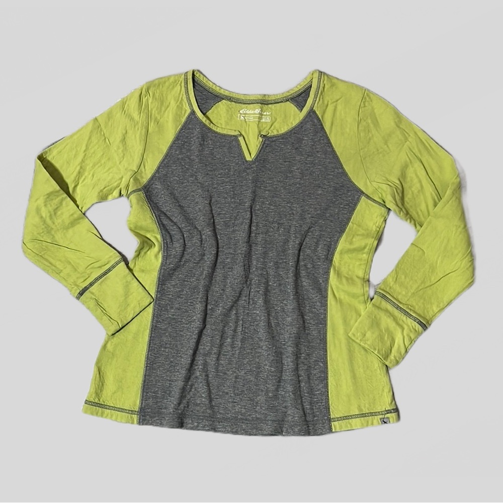 Eddie Bauer Lime Green & Gray Long Sleeve Heavyweight Tee Shirt Top Size XL